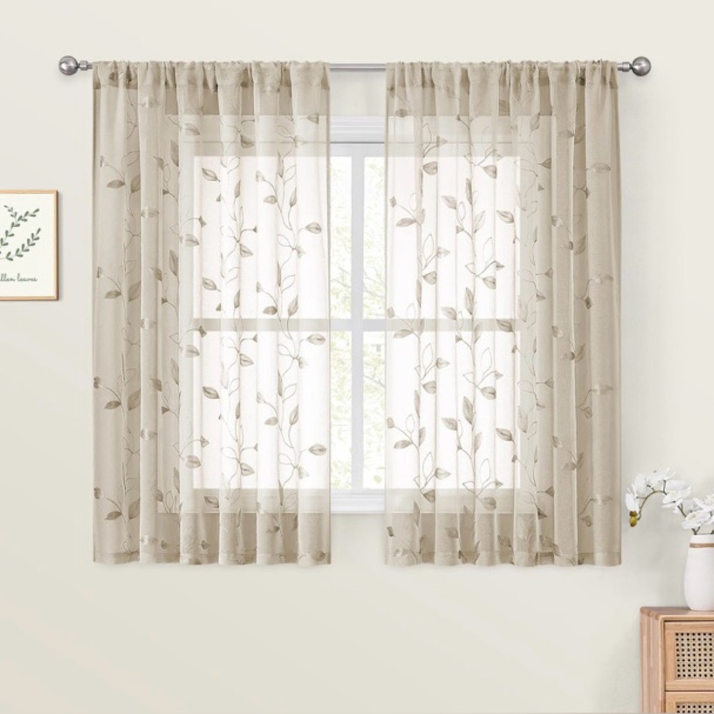 Leaf Pattern Sheer Curtains in Tan